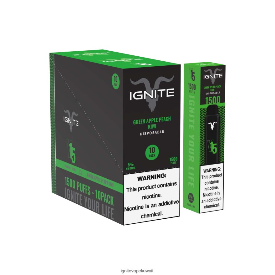 684H28101 IGNITE V15 قلم فيب 10 عبوات التفاح الأخضر والخوخ والكيوي - Ignite Kuwait